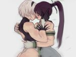 2b_(nier:automata) 2girls black_gloves black_leotard brown_hair closed_eyes closed_mouth commentary english_commentary eve_(stellar_blade) fingerless_gloves gloves grey_background hand_on_another&#039;s_head hands_on_another&#039;s_back highres imminent_kiss leotard long_hair motion_lines multiple_girls muscular muscular_female nier:automata nier_(series) parted_lips ponytail short_hair simple_background stellar_blade upper_body white_gloves white_hair yoracrab yuri 
