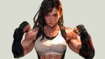  1girl abs black_hair clenched_hands earrings final_fantasy final_fantasy_vii final_fantasy_vii_remake gloves jade_law jewelry long_hair looking_at_viewer muscular muscular_female red_eyes skirt solo suspender_skirt suspenders tank_top tifa_lockhart veins veiny_arms 