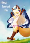  1girl :3 :d aas_(aasjpvm) absurdres ahoge animal_ear_fluff animal_ears animal_feet animal_nose ankle_bell bandaid bandaid_on_knee bandaid_on_leg blonde_hair blue_dress blue_sky blush_stickers body_fur bow brown_fur closed_eyes cloud commentary day dress dress_bow english_commentary flat_chest fox_ears fox_girl fox_tail furry furry_female grass hair_between_eyes hands_up happy heart highres long_hair miu_(aas) multicolored_fur navel nipples on_grass original outdoors panties panties_day paw_shoes pink_panties running sandals signature sky smile solo tail topless underwear underwear_only undressing unworn_dress white_dress white_fur yellow_fur 