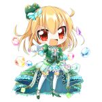 1girl :d blonde_hair blue_gemstone blue_skirt bow bowtie breasts character_request chibi commentary_request corset cowlick dress floating floating_object frilled_dress frilled_skirt frills full_body gem gem_hair_ornament gloves gold_trim green_bow green_corset green_footwear green_shirt grey_bow grey_bowtie hair_bow heart-shaped_gem high_heels hop_step_jumpers lets0020 looking_at_viewer medium_bangs medium_breasts medium_hair open_mouth pink_brooch pink_gemstone pointing pointing_at_viewer puffy_short_sleeves puffy_sleeves purple_gemstone red_eyes red_gemstone shirt short_sleeves showgirl_skirt simple_background skirt smile solo thighhighs transparent_background v-shaped_eyebrows white_gloves white_thighhighs yellow_gemstone 