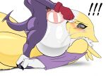  anthro areola bandai_namco big_breasts biped blush bodily_fluids breasts butt clothing cum cum_inside digimon digimon_(species) female fur genital_fluids gloves handwear hi_res huge_breasts impmon nipples pupils renamon seiiartworks simple_background white_background yellow_body 