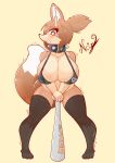  absurd_res anthro big_breasts blush breasts brown_body brown_fur canid canine clothed clothing collar colored digital_media_(artwork) embarrassed female fox fur hi_res mammal ncize nude skimpy solo spikes 