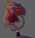  absurd_res adriana_(ghozt) anthro basketball biped clothed clothing domestic_cat felid feline felis female footwear fur ghozt grey_background grey_body grey_fur grey_hair hair hi_res holding_basketball holding_object mammal on_one_leg open_mouth pink_eyes shadow shoes simple_background solo sportswear standing tail 