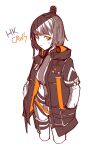  1girl bare_legs black_hair black_jacket caws_(girls&#039;_frontline) closed_mouth dogs_(dlrkdejr26) eyeshadow girls&#039;_frontline hair_bun hands_in_pockets hood hooded_jacket jacket long_sleeves looking_at_viewer makeup parted_bangs shirt short_hair short_sleeves simple_background sweatdrop swept_bangs thigh_strap white_background white_shirt yellow_eyes 