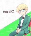 black_bow blonde_hair blue_eyes bow bowtie chair copyright_name english_text expressionless glasses green_pants highres jacket jeff_andonuts mother_(game) mother_2 pants short_hair sitting yamamori_uniko 