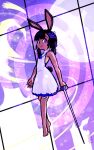  1girl animal_ears barefoot black_hair blunt_bangs braid closed_mouth commentary dawnfire dress english_commentary flying foil_(fencing) full_body full_moon hair_ribbon highres holding holding_sword holding_weapon indoors long_hair magic_circle medium_bangs moon purple_eyes purple_ribbon purple_sky rabbit_and_steel rabbit_ears rabbit_girl rabbit_tail ribbon sky sleeveless sleeveless_dress smile solo spellsword_rabbit star_(sky) starry_sky sword tail twin_braids weapon white_dress window 