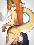  anthro bandage bandaged_chest blue_eyes blush blush_lines butt butt_grab cheek-grabbing_material clothing countershade_face countershading dragon female first_person_view fur furred_dragon furred_scalie furry_tail hair hand_on_butt hi_res kemono legwear lilkon long_hair looking_at_viewer looking_back multicolored_body multicolored_fur mythological_creature mythological_scalie mythology open_mouth orange_hair raised_tail rear_view scalie solo standing stockings tail thigh_highs underwear white_clothing white_underwear wingless_dragon yellow_body 