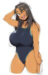  1girl arm_up artist_name bare_shoulders black_eyes black_hair blush breasts collarbone commentary_request competition_swimsuit dated goggles highres holding holding_goggles large_breasts light_blush long_hair looking_at_viewer motion_lines one-piece_swimsuit one_eye_closed open_mouth original pubic_hair pubic_hair_peek sanemichi_hajime simple_background solo swimsuit teeth tongue upper_teeth_only wet white_background 