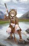  1girl absurdres animal_ear_fluff animal_ears arm_up blurry blurry_background boots braid brown_eyes brown_shirt brown_tail closed_mouth coat depth_of_field ears_through_hood facing_viewer fish fishing fox_ears fox_girl fox_tail fur-trimmed_boots fur-trimmed_coat fur-trimmed_sleeves fur_trim hair_between_eyes highres holding holding_polearm holding_weapon hood hooded_coat iskanderednaksi knee_boots landscape leather leather_boots light_brown_hair long_hair looking_down nature original polearm rock shirt sky solo spear squatting stream tail thick_eyebrows thighs twin_braids very_long_hair water weapon 