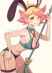  1girl absurdres ahoge amanda_o&#039;neill animal_ears bikini blush bow bowtie breasts broom green_bow green_bowtie green_eyes highres little_witch_academia little_witch_academia:the_enchanted_parade looking_at_viewer madabau medium_breasts multicolored_hair orange_hair rabbit_ears red_hair short_hair signature simple_background smile solo swimsuit thighs trigger_(company) two-tone_hair wide_hips witch 