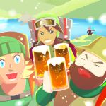  3boys ^_^ absurdres alcohol alolan_marowak backpack bag beanie beard_stubble beer beer_mug black_eyes blonde_hair blue_eyes brown_hair brown_hat brown_vest closed_eyes commentary_request cup dated_commentary day drink drinking_glass facial_hair foam geodude goggles green_hat green_shirt grey-framed_eyewear grin hand_up hat highres hiker_(pokemon) holding holding_cup holding_drink in-franchise_crossover lake long_sleeves male_focus medium_hair monomo_(pixiv_106518051) mug multiple_boys no_lineart onix outdoors pokemon pokemon_(creature) pokemon_dppt pokemon_sm pokemon_swsh shirt short_hair smile stubble teeth tinted_eyewear v-shaped_eyebrows vest yellow-tinted_eyewear 