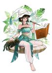  1girl aqua_tube_top banana_leaf bare_shoulders barefoot black_hair book cat earrings floating floating_book floating_object frilled_tube_top frills full_body green_eyes hand_on_animal hat highres holding holding_wand jewelry leaf looking_at_object mole mole_on_arm mole_on_chest mole_on_shoulder mole_under_eye nashigaya_koyomi necklace original pants parted_lips petting reading see-through see-through_pants sitting solo strapless tube_top wand white_hat white_pants witch witch_hat 
