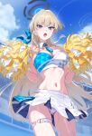  1girl :o absurdres bare_arms bare_shoulders blonde_hair blue_archive blue_sky breasts character_name cleavage cloud day detached_collar flying_sweatdrops halo hidis0086 highres holding holding_pom_poms long_hair looking_at_viewer medium_breasts millennium_cheerleader_outfit_(blue_archive) miniskirt navel open_mouth outdoors panties pantyshot pom_pom_(cheerleading) skirt sky solo stomach sweat thigh_strap thighs toki_(blue_archive) underwear very_long_hair very_sweaty white_panties 