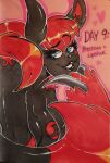  2018 3_fingers anthro black_and_red black_body black_eyebrows black_fur black_lips black_lipstick black_text blue_eyes breast_markings breasts claws cleavage clothed clothing day_count english_text eyebrows eyelashes female finger_claws fingers fluffy fluffy_ears fluffy_hair fur generation_3_pokemon grey_claws hair herpestid hi_res inktober inktober_2018 lips lipstick makeup mammal markings monica_(toxicsoul77) nintendo pen_(artwork) pokemon pokemon_(species) pupils raised_eyebrow red_body red_fingers red_fur red_hair red_markings red_outlines solo text toxicsoul77 traditional_media_(artwork) yin_jang zangoose 