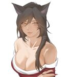  1girl ahri_(league_of_legends) animal_ears artist_name bare_shoulders black_hair breasts closed_mouth collarbone english_commentary facial_mark fingernails fox_ears fox_girl hair_between_eyes highres ireeneart league_of_legends looking_to_the_side nail_polish red_nails sidelocks simple_background small_breasts solo upper_body whisker_markings white_background yellow_eyes 