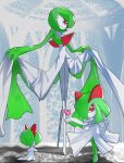  1other 2girls absurdres blowing_kiss bob_cut commentary_request covered_eyes evolutionary_line full_body gardevoir green_hair hair_over_eyes hair_over_one_eye hand_on_own_hip hand_up hands_on_own_chest hands_up heart highres indoors kirlia legs lifting_own_clothes long_legs looking_at_viewer medium_hair multiple_girls one_eye_covered open_mouth pokemon pokemon_(creature) ralts red_eyes short_hair sidelocks standing zeroartwo 