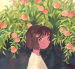  1girl brown_hair commentary english_commentary food food-themed_hair_ornament fruit fruit_hair_ornament green_eyes hair_ornament heikala highres leaf looking_at_viewer original painting_(medium) peach peach_hair_ornament peach_tree shirt short_hair solo t-shirt traditional_media tree watercolor_(medium) white_shirt 