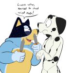1:1 2022 anthro australian_cattle_dog bandit_heeler beargarbage black_body black_ears black_eyes black_fur black_nose black_spots black_tail blue_body blue_fur bluey_(series) canid canine canis cattledog dagger dalmatian digital_media_(artwork) domestic_dog double_chin dual_wielding duo english_text eye_contact frank_(bluey) fur half-closed_eyes herding_dog hi_res holding_dagger holding_daggers holding_melee_weapon holding_object holding_weapon looking_at_another male mammal markings melee_weapon multicolored_body multicolored_fur narrowed_eyes obese obese_anthro obese_male overweight overweight_anthro overweight_male pastoral_dog side_view speech_bubble spots spotted_body spotted_fur standing surprise tail teeth text tongue two_tone_body two_tone_fur two_tone_tail weapon white_body white_fur white_tail yellow_body yellow_fur