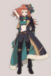  1girl arm_up armor belt black_coat black_pants brown_belt coat crop_top fire_emblem fire_emblem_engage full_body greaves grey_background grey_eyes hair_ornament highres long_hair looking_at_viewer midriff navel oda32t open_clothes open_coat orange_hair panette_(fire_emblem) pants shoulder_armor simple_background solo sports_bra standing stomach warrior_outfit_(fire_emblem_engage) 