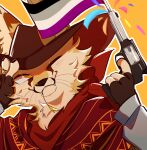  absurd_res anthro asexual_pride_colors black_nose brown_body brown_fur canid canine canine_ears claws clothing cowboy_hat digital_media_(artwork) fennec_fox fox fur gale_(galefoxy) gun hat headgear headwear hi_res inner_ear_fluff lgbt_pride lgbt_pride_month looking_at_object male mammal moujiiz one_eye_closed pawpads poncho pride_color_flag pride_colors ranged_weapon simple_background solo teeth tongue tongue_out true_fox tuft weapon whiskers white_body white_fur wink yellow_body yellow_eyes yellow_fur 