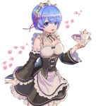  1girl bangs bare_shoulders black_ribbon blue_eyes blue_hair blush breasts cleavage commentary cup detached_sleeves dress frilled_dress frilled_sleeves frills hair_ornament hair_over_one_eye hair_ribbon hand_up hc_(razel1) holding holding_tray looking_at_viewer maid maid_headdress medium_breasts neck_ribbon open_mouth pantyhose petals pink_ribbon re:zero_kara_hajimeru_isekai_seikatsu rem_(re:zero) ribbon ribbon-trimmed_collar ribbon-trimmed_dress ribbon-trimmed_sleeves ribbon_trim short_hair simple_background smile solo teacup teapot tray upper_teeth white_background white_legwear x_hair_ornament 