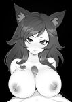  1girl animal_ear_fluff animal_ears artist_name brassica breasts censored chest_tattoo closed_mouth collarbone eyelashes greyscale highres large_breasts lips long_hair monochrome mosaic_censoring nipples nude original paizuri penis tattoo 