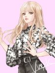  1girl animification belt blackpink blonde_hair blunt_bangs character_name close-up commentary hand_on_own_hip k-pop lisa_(blackpink) long_hair long_sleeves looking_at_viewer pink_background real_life short_shorts shorts signature simple_background solo symbol-only_commentary vrekx_x 