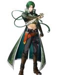  1boy abs belt boots coat crop_top dagger fire_emblem fire_emblem:_radiant_dawn green_coat green_eyes highres holding holding_dagger holding_knife holding_weapon knife looking_at_viewer navel non-web_source official_alternate_costume official_art parted_bangs solo sothe_(dawning_zephyr)_(fire_emblem) sothe_(fire_emblem) tachi-e weapon yellow_eyes 
