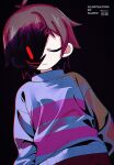  1other absurdres antenna_hair artist_name black_background blue_sweater brown_hair brown_pants chara_(undertale) closed_mouth commentary_request frisk_(undertale) frown hair_between_eyes hair_flaps highres kansou_(kanso_1) long_sleeves one_eye_closed open_mouth pants purple_sweater red_eyes revealing_layer short_hair simple_background smile solo striped_clothes striped_sweater sweater turtleneck turtleneck_sweater twitter_username undertale upper_body |_| 