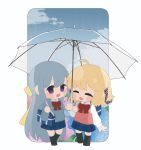  2girls absurdres anisphia_wynn_palettia bag black_socks blonde_hair blue_flower blue_skirt bow bowtie closed_eyes cloud commentary contemporary day euphyllia_magenta flower grey_hair grey_sweater highres holding holding_umbrella long_hair long_sleeves looking_at_another medium_hair mimimi_2434789 multiple_girls open_mouth outdoors pink_sweater_vest plaid plaid_skirt purple_eyes purple_flower rain red_bow red_bowtie school_bag school_uniform shirt skirt smile socks sweater sweater_vest symbol-only_commentary tensei_oujo_to_tensai_reijou_no_mahou_kakumei transparent transparent_umbrella umbrella white_shirt 