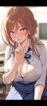  1girl :o absurdres blue_eyes blue_ribbon blue_skirt blurry blurry_background blush breasts brown_hair classroom cleavage collarbone commentary_request finger_to_mouth gakuen_idolmaster hatsuboshi_gakuen_school_uniform highres himesaki_rinami idolmaster indoors large_breasts letterboxed long_hair looking_at_viewer neck_ribbon ni_tamago_sando pleated_skirt ribbon school_uniform shirt shushing skirt smile solo white_shirt 