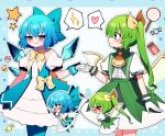  &gt;_&lt; 2girls :3 absurdres alternate_costume blue_background blue_bow blue_dress blue_eyes blue_hair blush border bow candy chibi chibi_inset chocolate cirno commentary_request commission cowboy_shot daiyousei dress flying_sweatdrops food gloves green_dress green_hair grid_background hair_bow heart highres holding_hands ice ice_wings lollipop long_hair looking_at_viewer macaron multiple_girls outline puffy_short_sleeves puffy_sleeves short_hair short_sleeves side_ponytail simple_background skeb_commission spoken_heart spoken_sparkle touhou white_background white_gloves wings wrapped_candy you_(noanoamoemoe) 