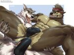 accessory amon-sydonai angry anthro brown_body brown_fur bulge canid canine canis claws clothed clothing dire_(fortnite) duo epic_games eyebrows fangs fortnite fur grey_body grey_fur headband hi_res jockstrap jockstrap_only male male/male mammal muscular muscular_anthro muscular_male mythological_canine mythological_creature mythology pecs sharp_teeth teeth tenting thick_eyebrows tongue tongue_out topless underwear underwear_only wendell_(fortnite) were werecanid werecanine werewolf wolf yellow_eyes
