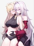  2girls absurdres black_gloves black_panties blonde_hair blue_eyes breasts closed_mouth commentary english_commentary gloves gradient_background grey_background highres honkai_(series) honkai_impact_3rd long_hair lysh multiple_girls navel panties purple_eyes smile songque_(honkai_impact) standing stomach thelema_(honkai_impact) thighs underwear white_hair yuri 