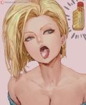 1girl android_18 bare_shoulders blonde_hair blue_eyes breasts cleavage collarbone cutesexyrobutts dragon_ball earrings highres jewelry long_hair looking_at_viewer medium_breasts oil pink_background sexually_suggestive simple_background solo upper_body 