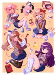  4girls ^_^ animal-themed_food artist_name black_thighhighs blazer blonde_hair blue_skirt blush_stickers book border bow box bread bread_slice brown_hair bunijayy buttons chocolate_chip_cookie closed_eyes closed_mouth collared_shirt commentary cookie crossed_legs cup cupcake cursor dated doki_doki_literature_club dotted_line drink english_commentary food fried_egg fried_egg_on_toast full_body grey_jacket grin hair_bow hair_ornament hair_ribbon hairclip hands_on_lap hands_on_own_chest heart highres holding holding_book holding_drink holding_pen holding_saucer jacket kneehighs layered_sleeves long_hair long_sleeves mary_janes miniskirt monika_(doki_doki_literature_club) multiple_girls natsuki_(doki_doki_literature_club) neck_ribbon notebook open_book open_clothes open_jacket orange_background outside_border pen pink_eyes pink_hair pixel_art pleated_skirt ponytail purple_hair red_bow red_ribbon ribbon saucer sayori_(doki_doki_literature_club) school_uniform shirt shoes short_hair sidelocks simple_background skirt smile smirk snack socks speed_lines spilling stuffed_animal stuffed_cow stuffed_duck stuffed_toy tea teacup thighhighs toast tress_ribbon two_side_up very_long_hair vest white_border white_bow white_footwear white_shirt white_socks yellow_vest yuri_(doki_doki_literature_club) 