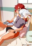  2girls absurdres artist_name bed black_panties cellphone commentary controller grey_hair gundam gundam_suisei_no_majo highres messy_hair miorine_rembran multiple_girls orange_shorts panties phone pillow red_hair remote_control short_shorts shorts smartphone smile strap_slip suletta_mercury symbol-only_commentary tank_top thick_eyebrows underwear wife_and_wife yuri yurisuki00 