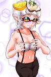  +_+ 1girl bare_shoulders black_pants blush breasts chromatic_aberration cleavage cowboy_shot domino_mask earrings food food_on_head fruit grey_hair hands_on_own_breasts hexagon highres inkling jewelry large_breasts lemon lemon_slice marie_(splatoon) mask mazuo917 midriff object_on_head official_alternate_costume oyster pants pointy_ears short_hair solo splatoon_(series) splatoon_3 strapless suspenders tube_top white_tube_top yellow_eyes 