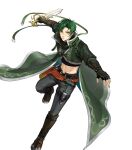  1boy abs attack belt boots coat crop_top dagger fire_emblem fire_emblem:_radiant_dawn green_coat green_eyes highres holding holding_dagger holding_knife holding_weapon knife navel non-web_source official_alternate_costume official_art parted_bangs solo sothe_(dawning_zephyr)_(fire_emblem) sothe_(fire_emblem) swinging v-shaped_eyebrows weapon yellow_eyes 