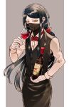  1boy alcohol alternate_costume apron bandaged_hand bandages black_apron black_mask black_vest bottle bow bowtie cup danganronpa_(series) danganronpa_v3:_killing_harmony drinking_glass highres holding holding_cup long_hair long_sleeves looking_at_viewer male_focus mask red_bow red_bowtie shinguji_korekiyo shirt solo traditional_bowtie very_long_hair vest white_shirt wine wine_bottle wine_glass yyy246 