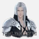  1boy armor black_coat chest_strap closed_mouth coat collarbone copyright_name cropped_torso final_fantasy final_fantasy_vii final_fantasy_vii_rebirth final_fantasy_vii_remake green_eyes grey_background grey_hair hashtag-only_commentary highres lips long_bangs long_hair looking_at_viewer male_focus parted_bangs rinbukyoku sephiroth shoulder_armor smile solo upper_body 