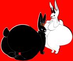  anthro balls big_breasts big_butt black_body black_fur blush breasts butt duo female fur genitals halo hi_res horn huge_butt huge_hips huge_thighs lagomorph leporid looking_back male mammal rabbit stankbank tail thick_thighs white_body white_fur wide_hips 