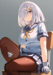  1girl absurdres black_pantyhose blue_eyes blush breasts buttons chair closed_mouth gloves grey_hair grey_sailor_collar grey_skirt hair_ornament hair_over_one_eye hairclip hamakaze_(kancolle) highres kantai_collection large_breasts looking_at_viewer pantyhose pleated_skirt sailor_collar school_uniform serafuku short_hair short_sleeves simplecar sitting skirt solo white_gloves 