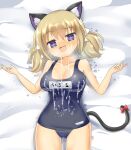  1girl :d animal_ear_fluff animal_ears blonde_hair blush bow breasts cat_ears cat_girl cat_tail cleavage commentary_request covered_navel cowboy_shot cum cum_on_body cum_on_breasts cum_on_clothes facial grey_one-piece_swimsuit highres kafuru_(senran_kagura) large_breasts lets0020 looking_at_viewer low_twintails medium_bangs medium_hair name_tag nose_blush old_school_swimsuit one-piece_swimsuit open_mouth purple_eyes raised_eyebrow red_bow school_swimsuit senran_kagura senran_kagura_estival_versus short_twintails smile solo swimsuit tail tail_bow tail_ornament twintails variant_set 