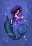  1girl artist_name belly_chain black_hair blue_eyes bubble english_commentary eyeshadow fish_girl hair_over_one_eye highres hood hoodie jewelry ksuzee long_sleeves madame_shirley makeup one_piece purple_hoodie purple_nails red_lips shark_girl short_hair solo sparkle underwater 