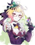  1girl bare_shoulders black_bow black_bowtie blonde_hair bow bowtie breasts commentary_request detached_sleeves emilie_(genshin_impact) genshin_impact glasses gradient_hair green_hat hand_up hat highres holding long_sleeves looking_at_viewer multicolored_hair pink_eyes pink_hair pochimaru_(marumaru_wanwan) short_hair small_breasts smile solo upper_body 