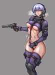  1girl absurdres arm_pouch blue_hair breasts collar covered_nipples cross_swimsuit crotch_strap gloves grey_collar gun handgun headgear highres martyr_(the_citadel) medium_breasts navel purple_eyes purple_gloves pussy_juice revealing_clothes ribs shiny_skin short_hair simple_background sirpetus skindentation solo standing steaming_body swimsuit the_citadel thighhighs underboob weapon 