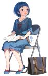  1girl :o aqua_dress arched_bangs black_bag blue_hair blunt_bangs blush book center_frills chair collarbone commentary_request commission dress folding_chair frills full_body highres holding holding_book idolmaster idolmaster_cinderella_girls jewelry looking_to_the_side necklace okazaki_yasuha okeno_kamoku short_hair signature simple_background sitting solo white_background 