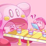  ? ?? atsuki_(atsuki_427) blush_stickers character_food conveyor_belt cupcake food hard_hat helmet highres kirby kirby_(series) no_humans open_mouth pink_background solid_oval_eyes star_(symbol) waddle_dee 