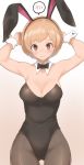  1girl arms_up blush breasts brown_eyes brown_hair bunnysuit cleavage detached_collar highres kurosususu looking_at_viewer pantyhose persona persona_4 satonaka_chie short_hair smile solo wrist_cuffs 